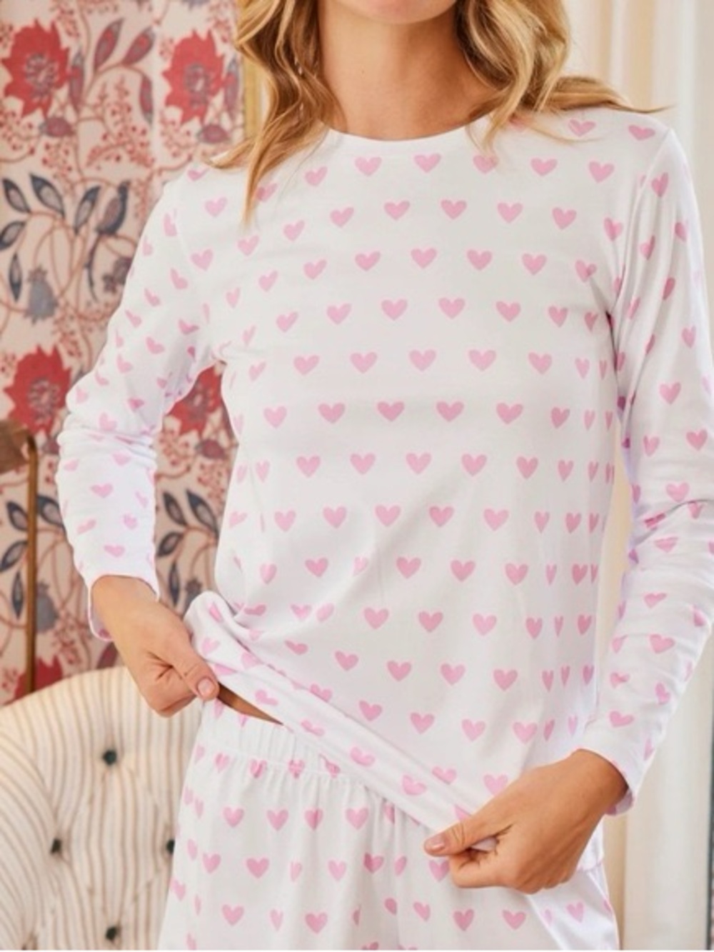 Women's Pink Heart-Print Long Sleeve Pajama Set